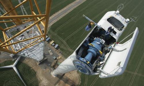 Birds eye view of works on top of a wind turbine. 